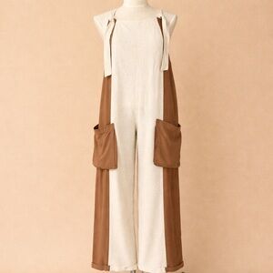 ILLA ILLA Linen Blend Color Block Wide Leg Jumpsuit Utility Pockets Small